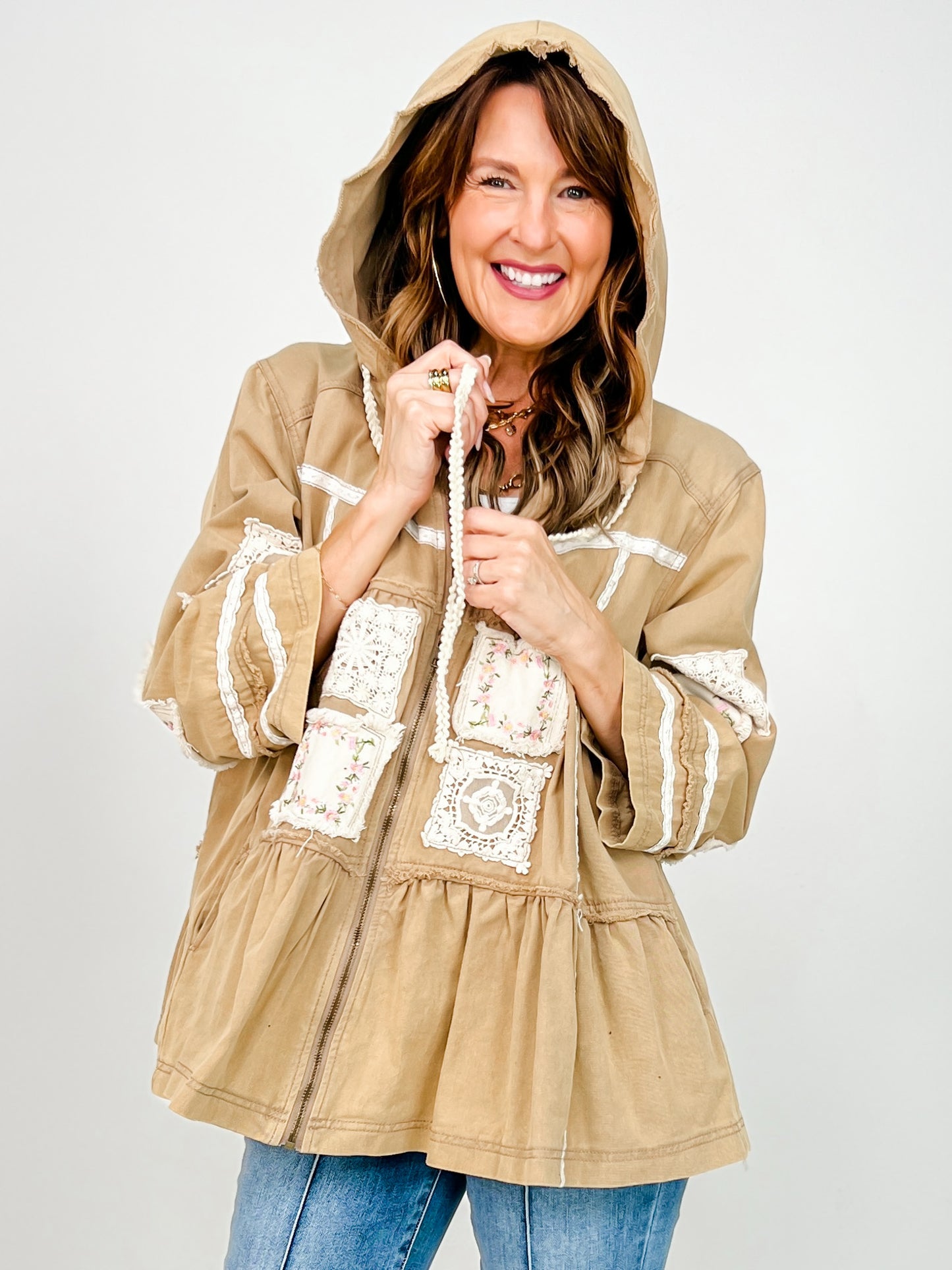 Three Quarter Sleeve Flared Body Hooded Jacket