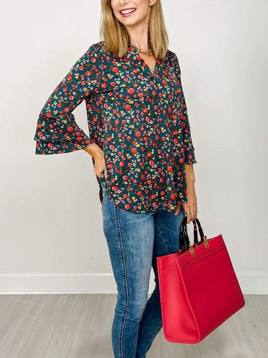 Lizzy 3/4 Bell Sleeve Top in Teal Floral Print