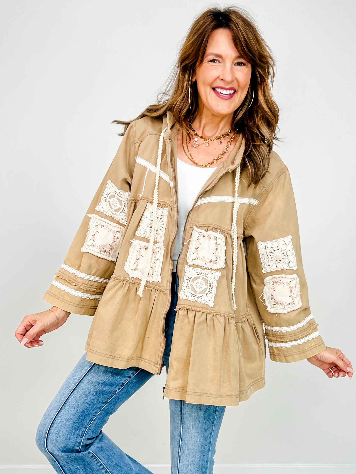 Three Quarter Sleeve Flared Body Hooded Jacket