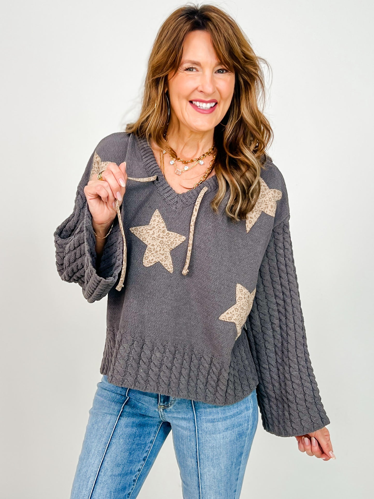 Cropped V-Neck Hoodie Sweater with Star Patches