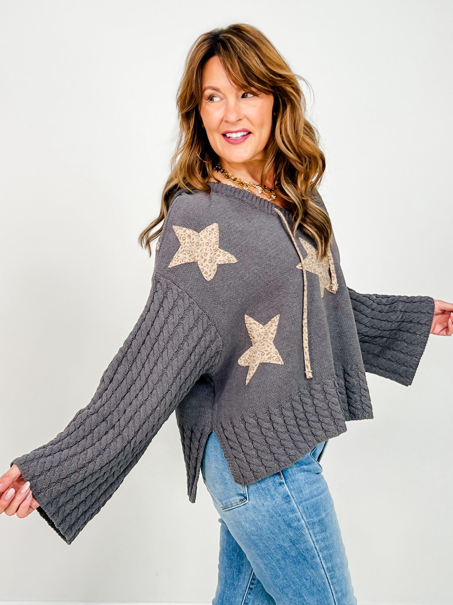 Cropped V-Neck Hoodie Sweater with Star Patches