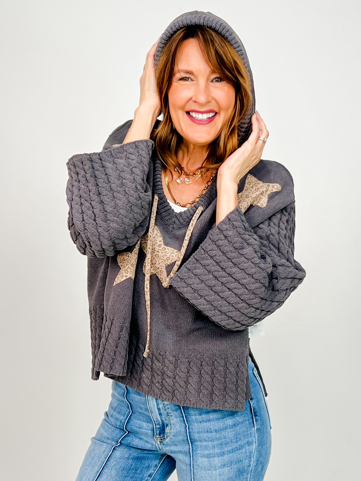 Cropped V-Neck Hoodie Sweater with Star Patches