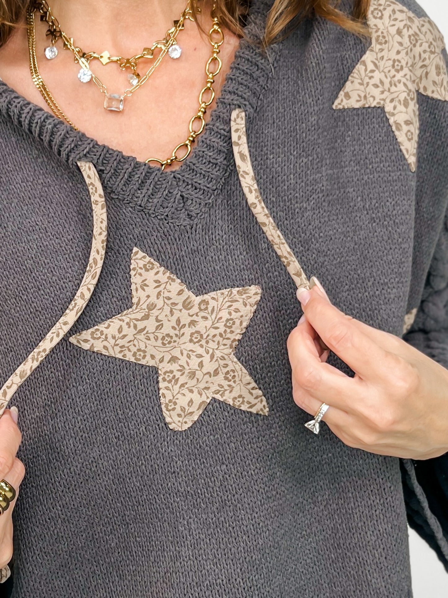 Cropped V-Neck Hoodie Sweater with Star Patches