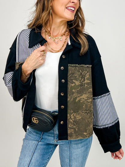 Button Down Collared Balloon Sleeve Shacket
