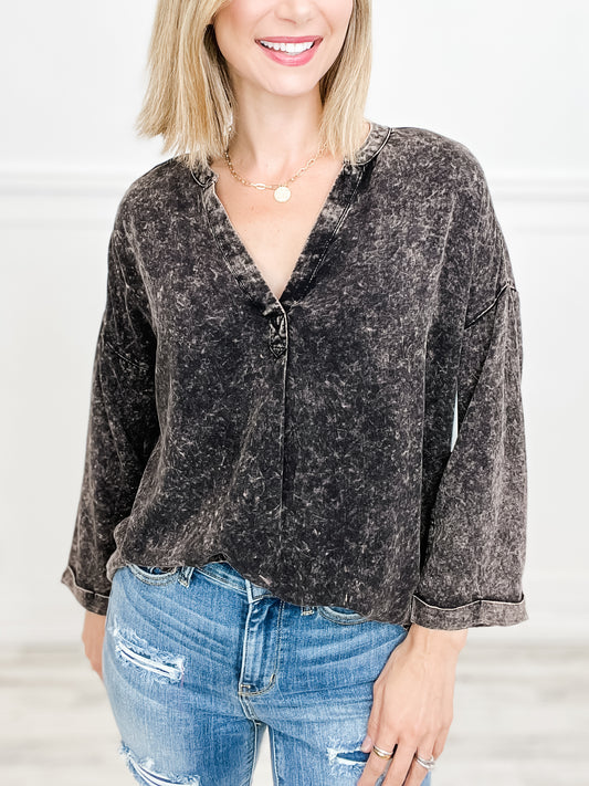 Vintage-Wash Oversized Top with V-Neckline