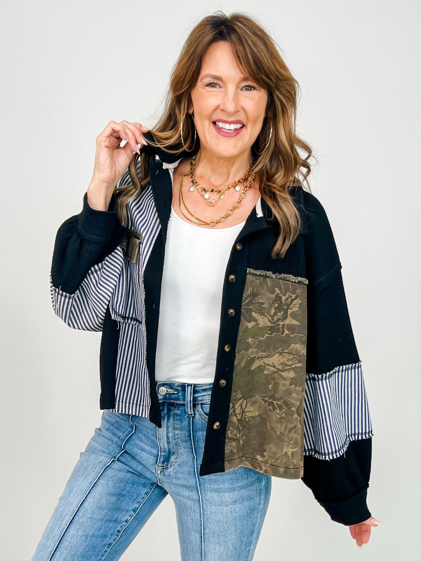 Button Down Collared Balloon Sleeve Shacket