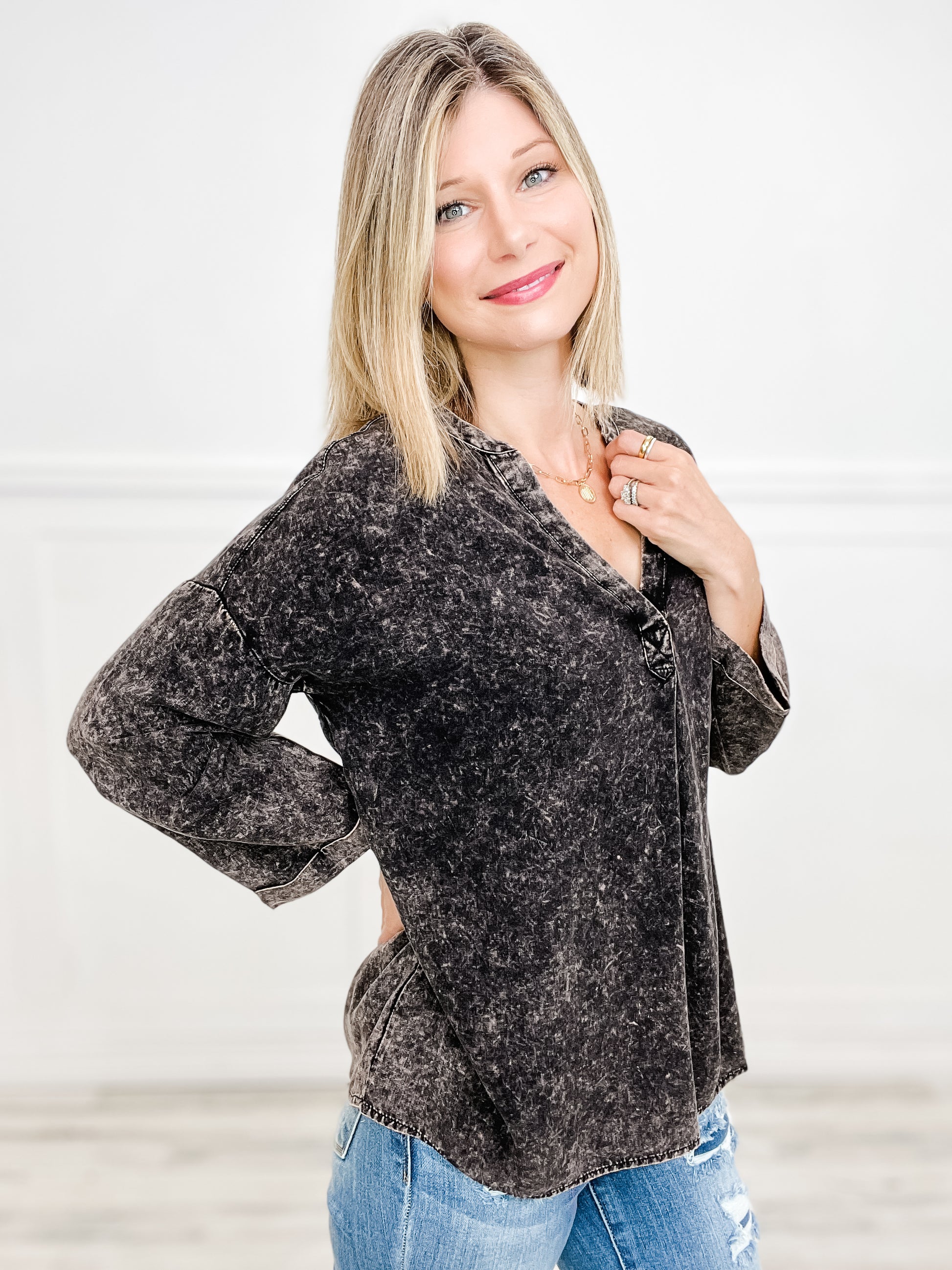 Vintage-Wash Oversized Top with V-Neckline