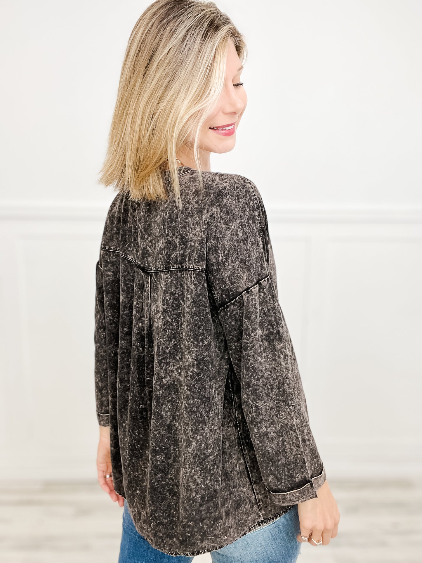 Vintage-Wash Oversized Top with V-Neckline