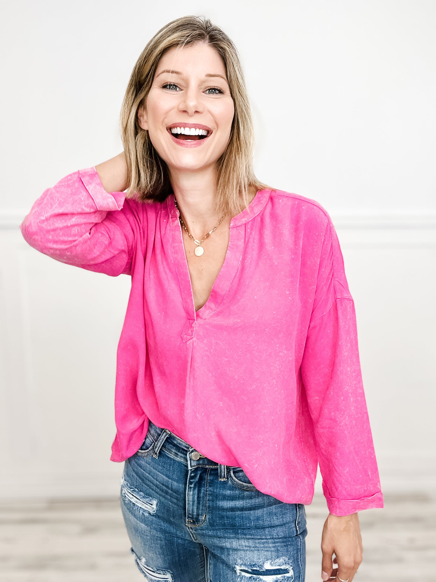Vintage-Wash Oversized Top with V-Neckline