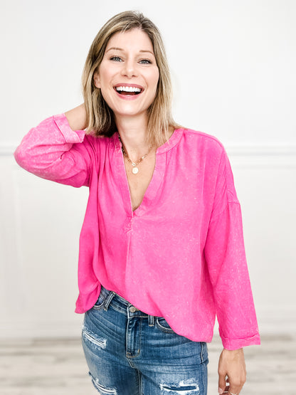 Vintage-Wash Oversized Top with V-Neckline