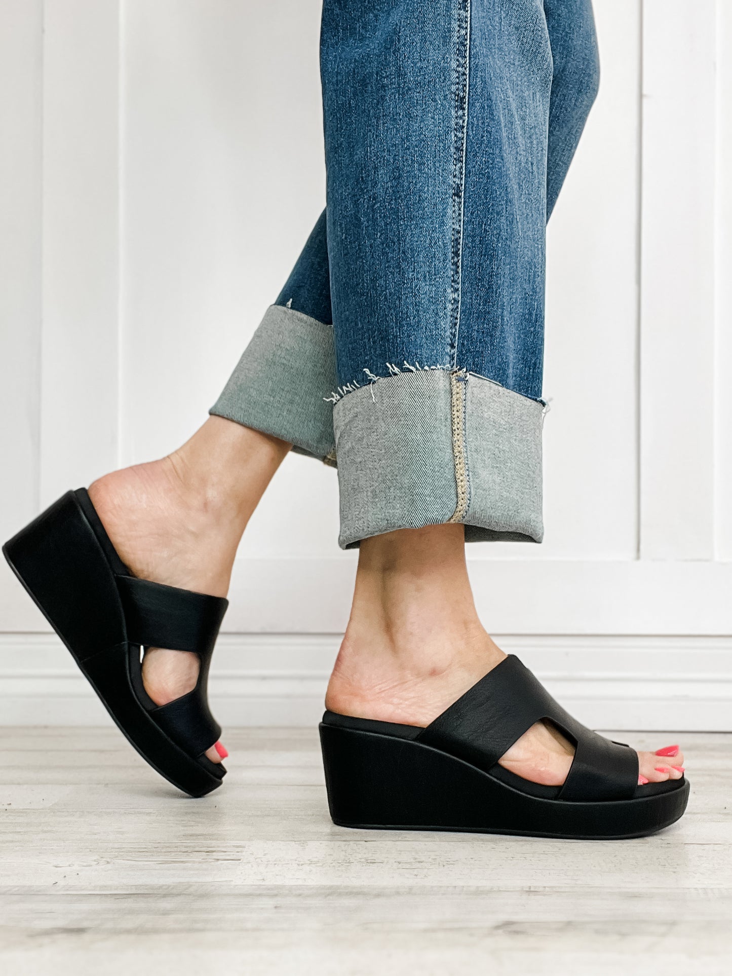 Corkys PUCKER UP Open Toe Wedges in Black Smooth 2