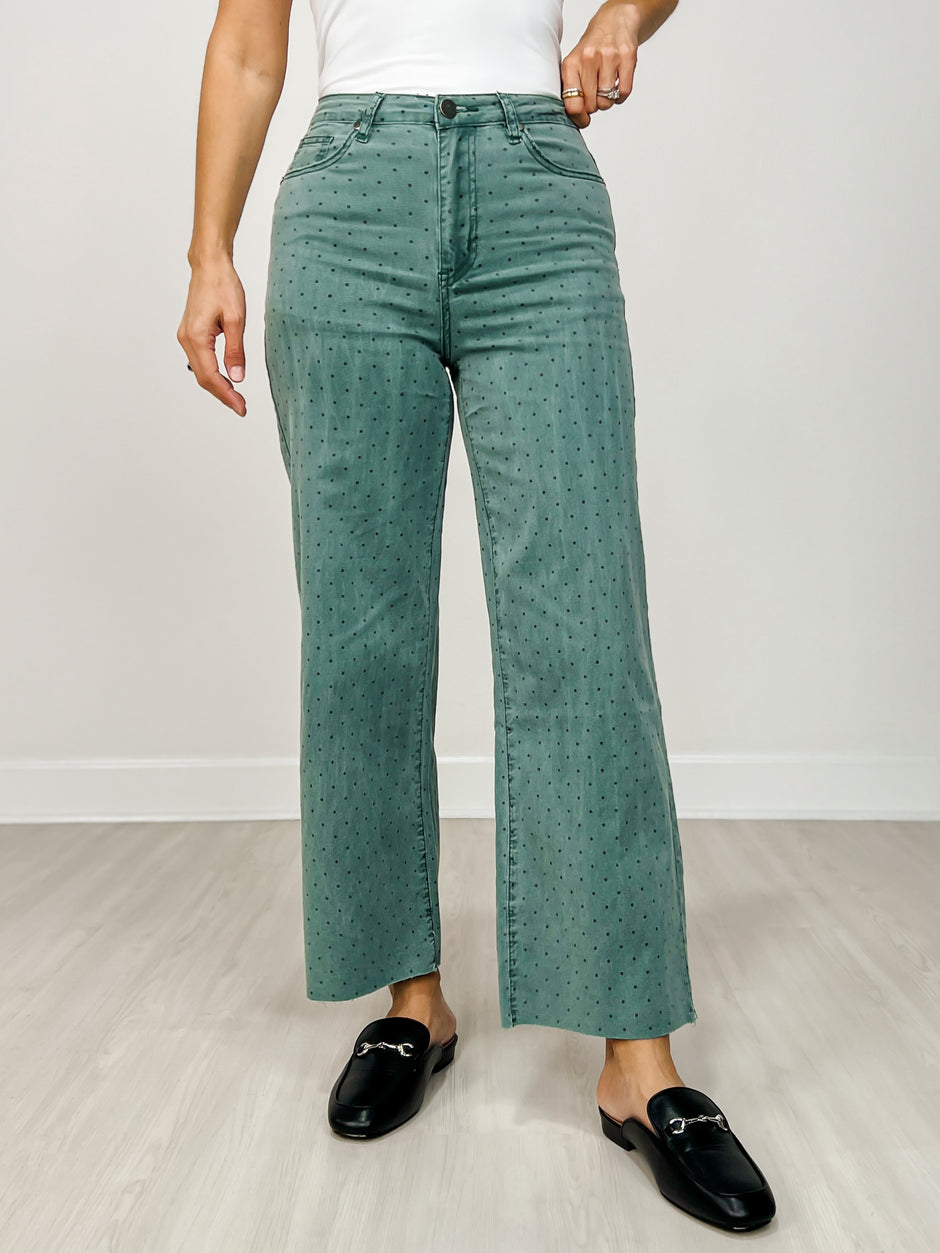 Polka Dot Washed Twill Stretch Cropped Pants in Teal Green