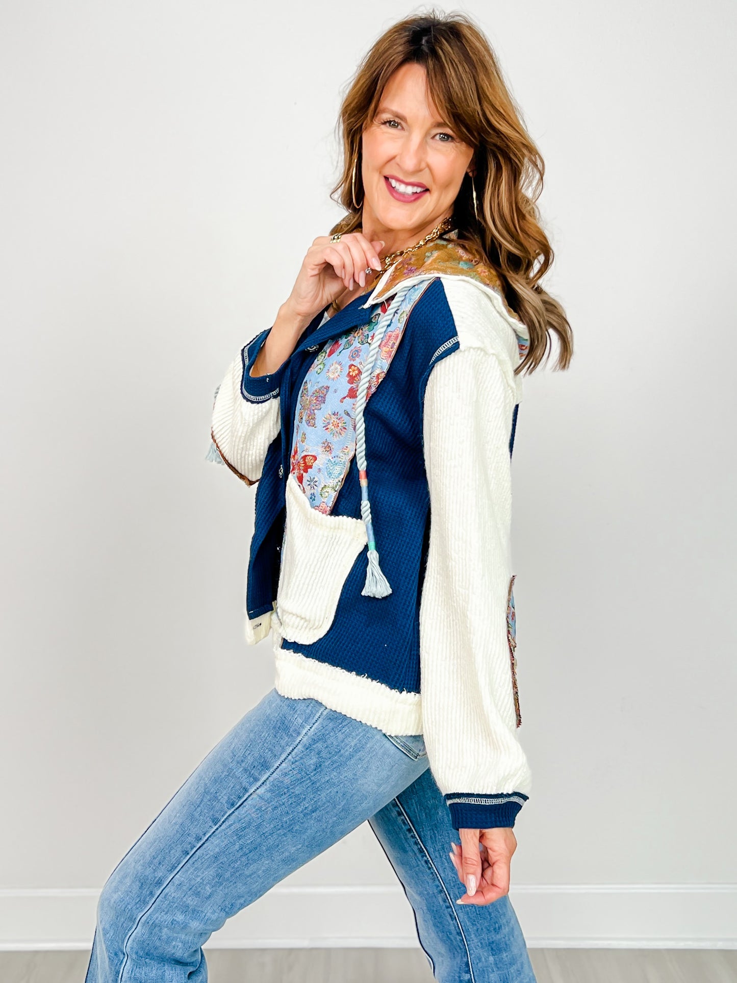 Placket Balloon Sleeve Button Up Hoodie Top