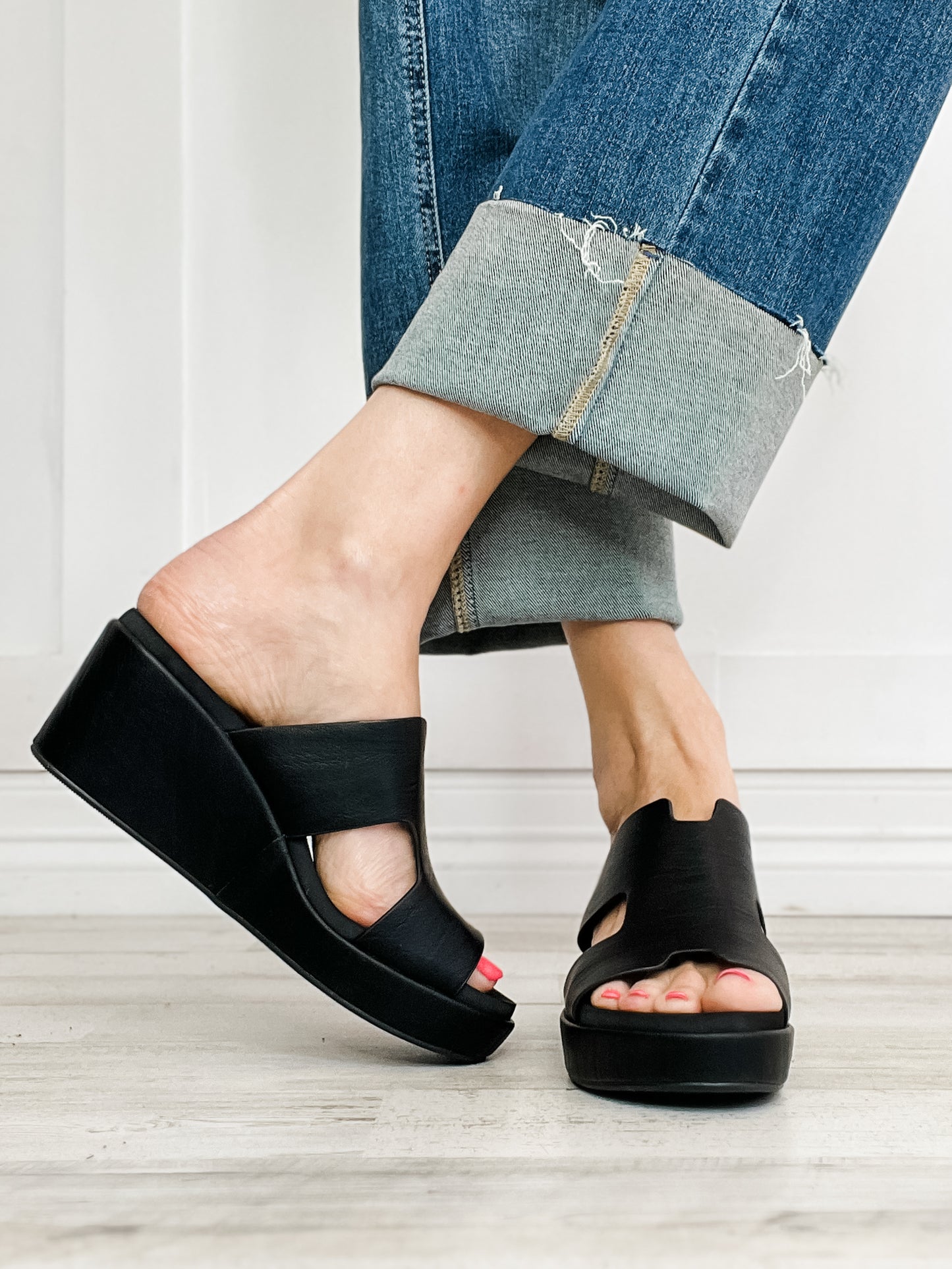 Corkys PUCKER UP Open Toe Wedges in Black Smooth 2