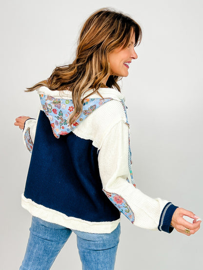 Placket Balloon Sleeve Button Up Hoodie Top