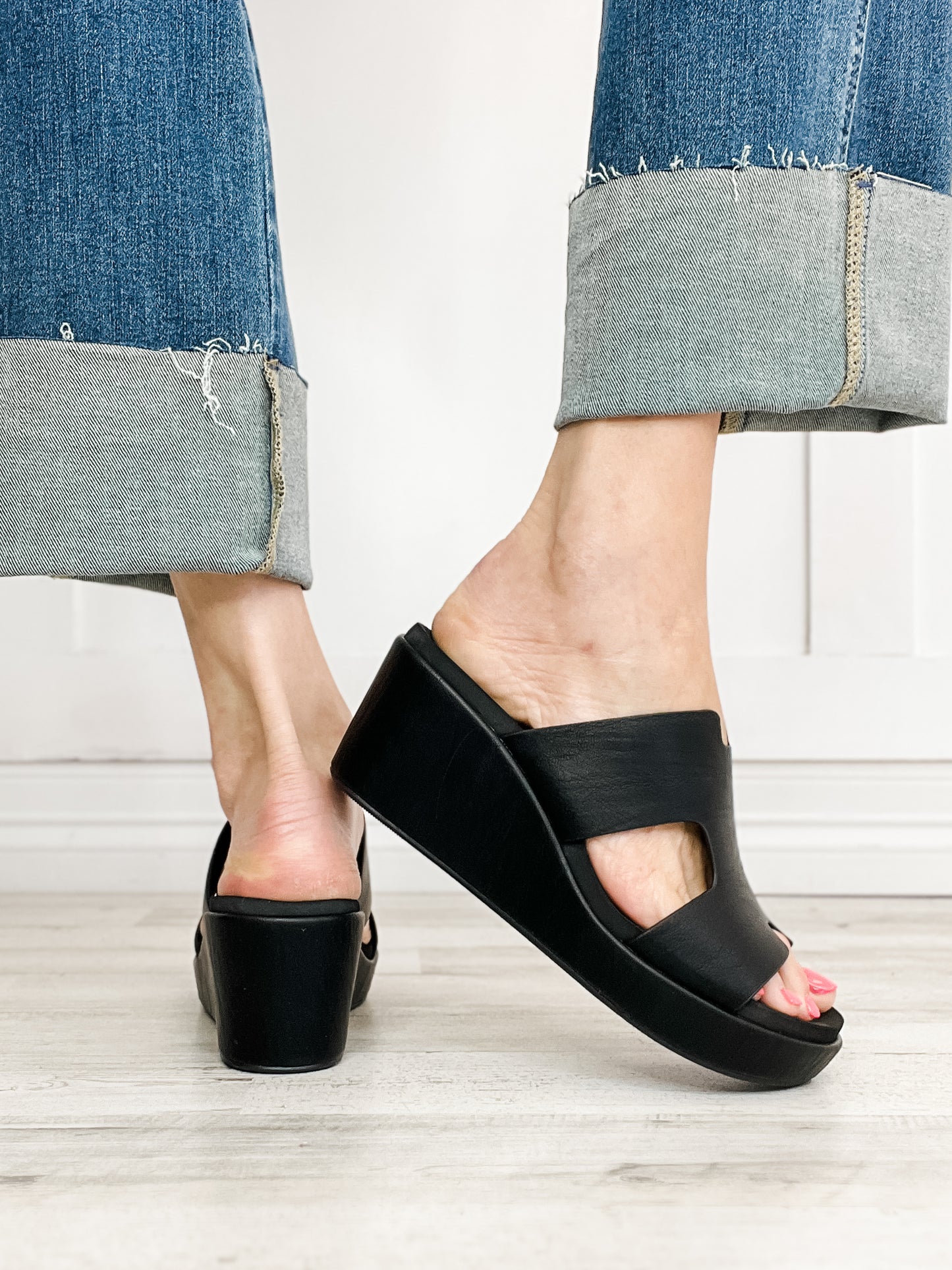 Corkys PUCKER UP Open Toe Wedges in Black Smooth 2