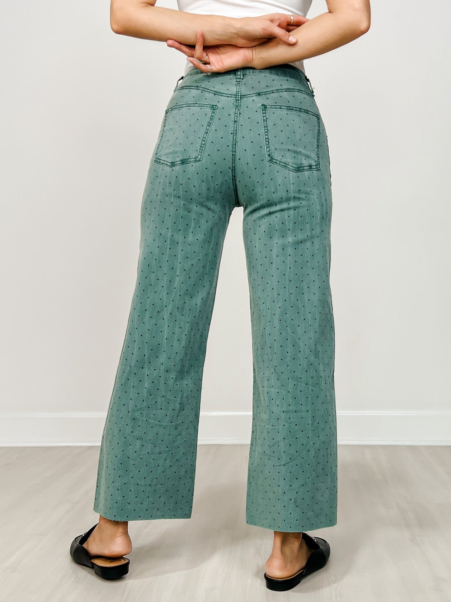 Polka Dot Washed Twill Stretch Cropped Pants in Teal Green