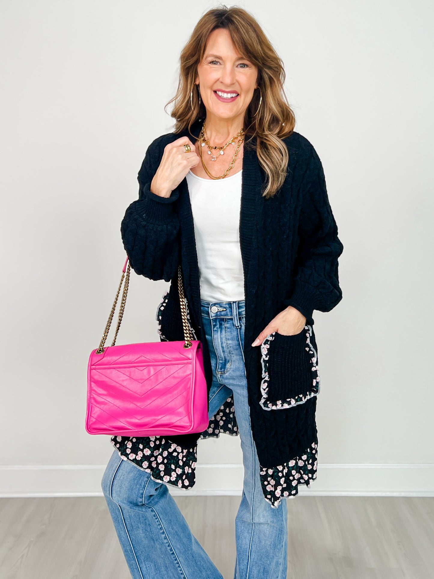 Balloon Sleeve Relaxed Fit Open Front Cardigan