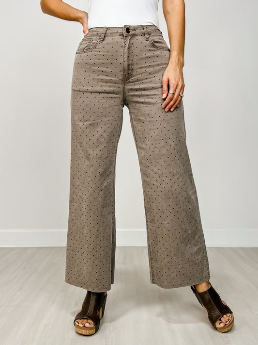 Polka Dot Washed Twill Stretch Cropped Pants in Mocha