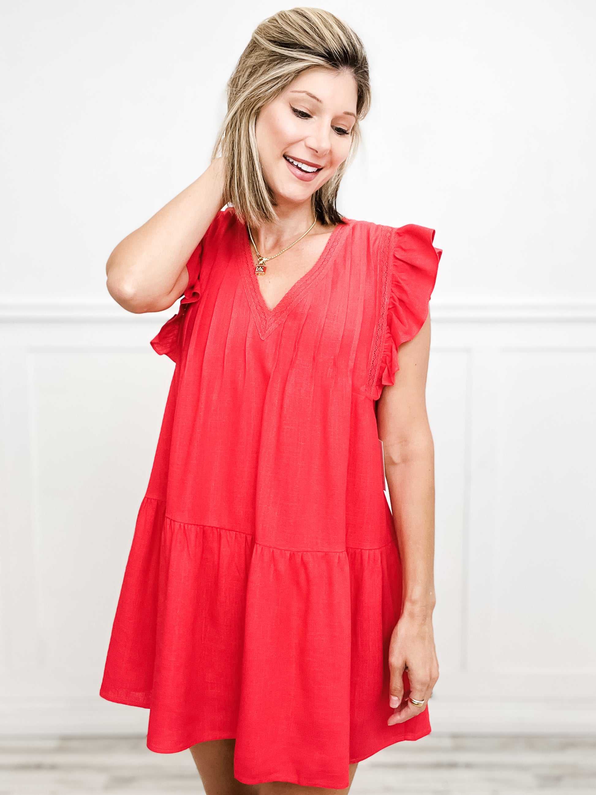 Pintuck Detail V-Neck Solid Linen Mini Dress