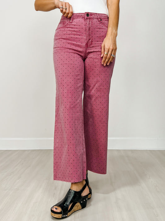 Polka Dot Washed Twill Stretch Cropped Pants in Mulberry