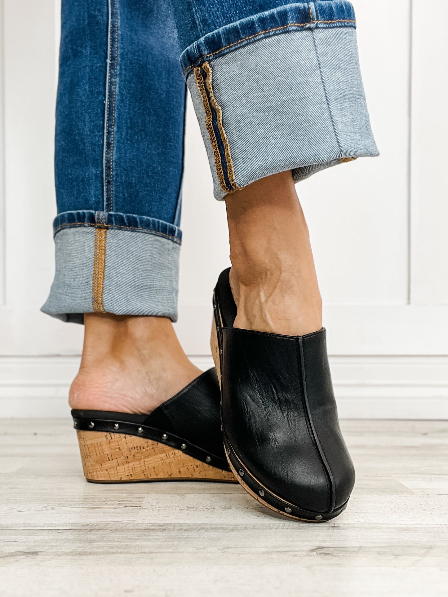 Corkys Make Em Blush Clog Wedges in Black Smooth