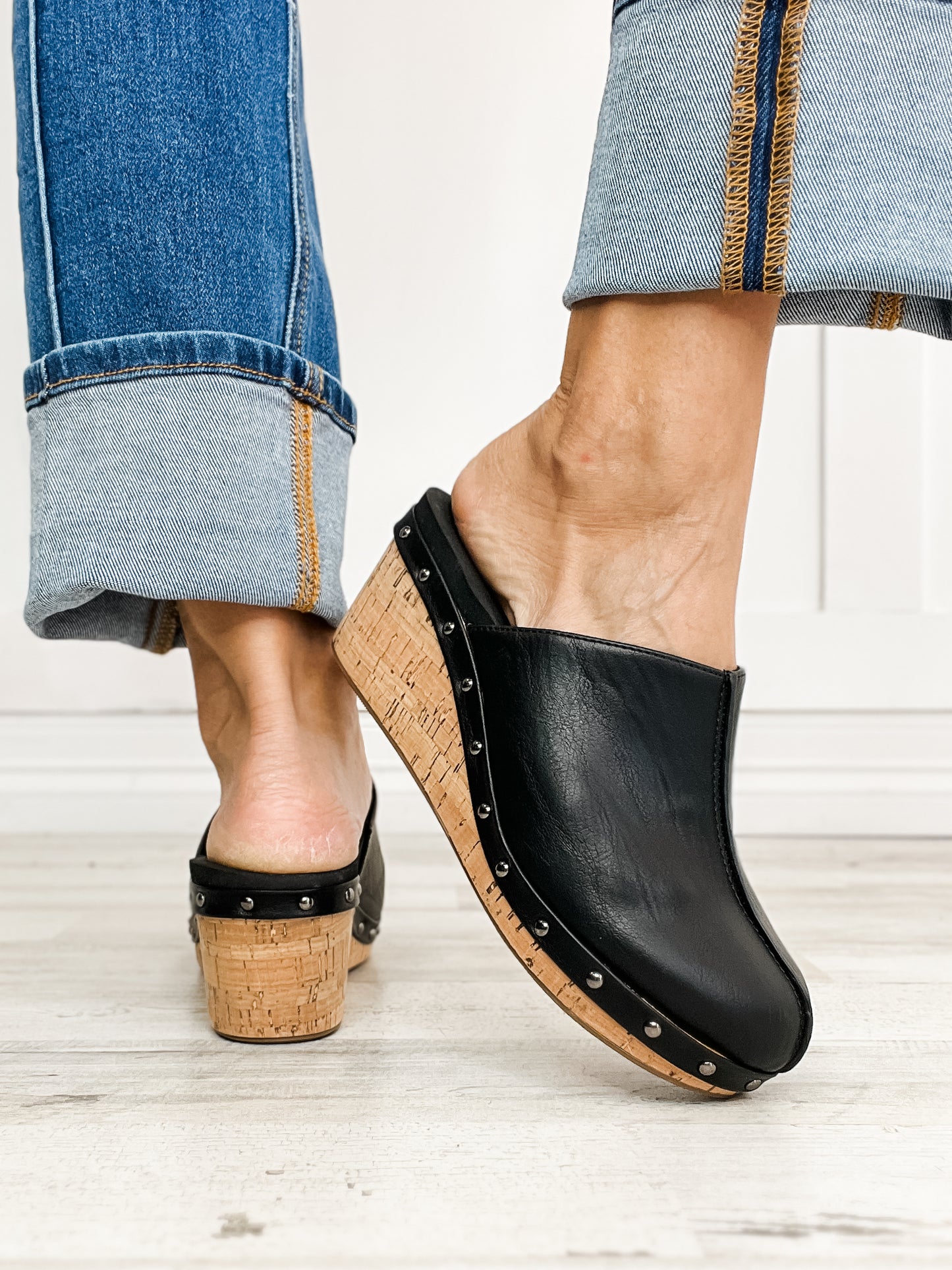 Corkys Make Em Blush Clog Wedges in Black Smooth