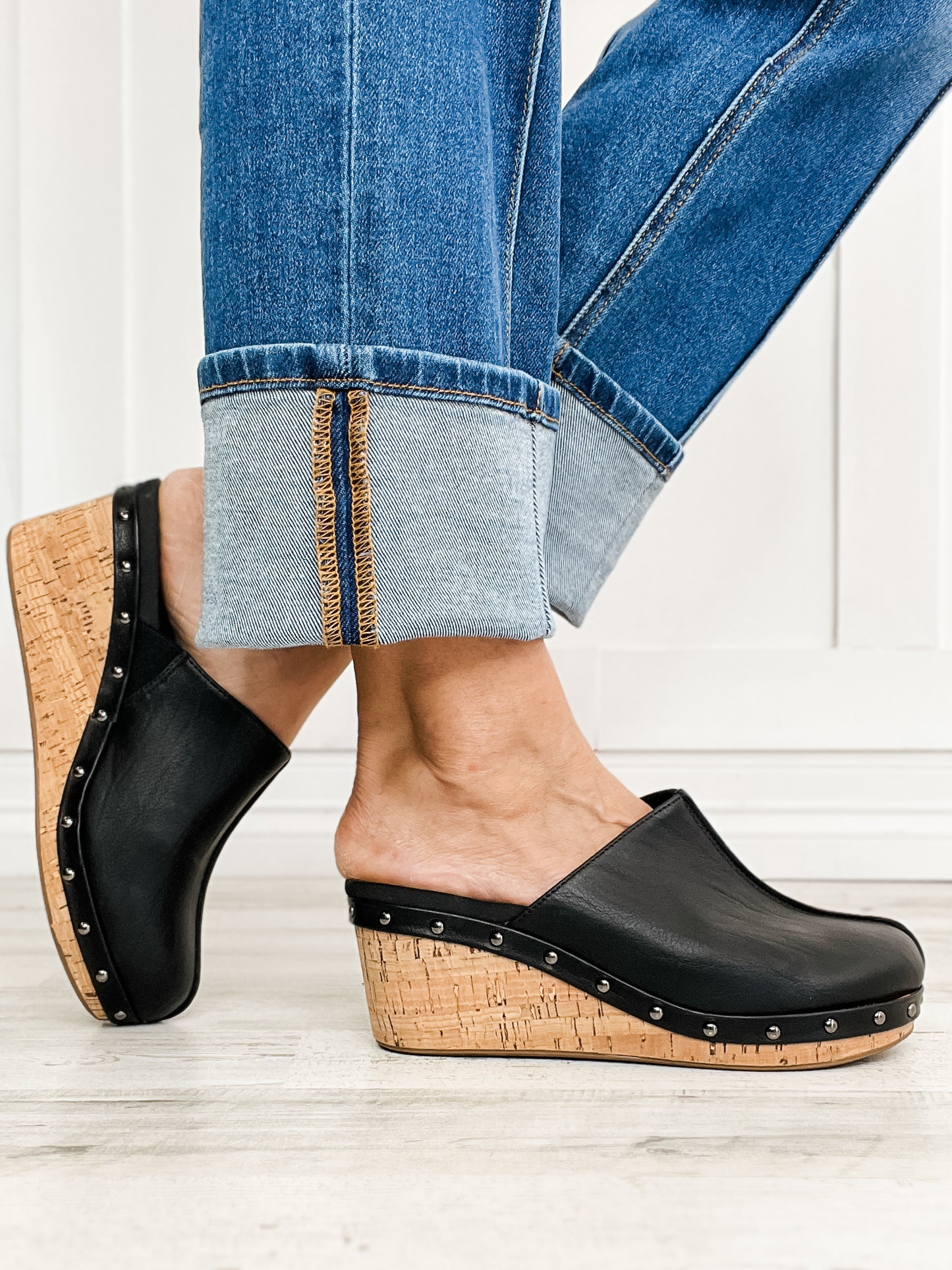 Corkys Make Em Blush Clog Wedges in Black Smooth