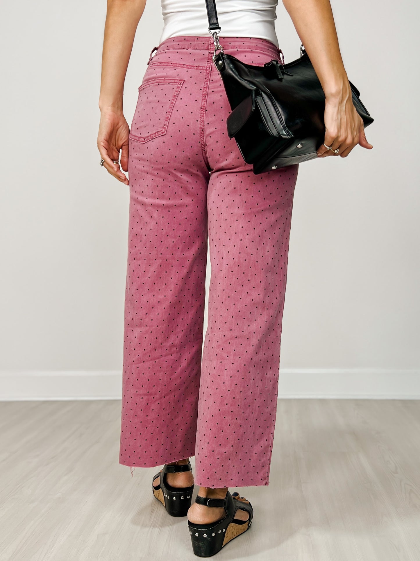 Polka Dot Washed Twill Stretch Cropped Pants in Mulberry