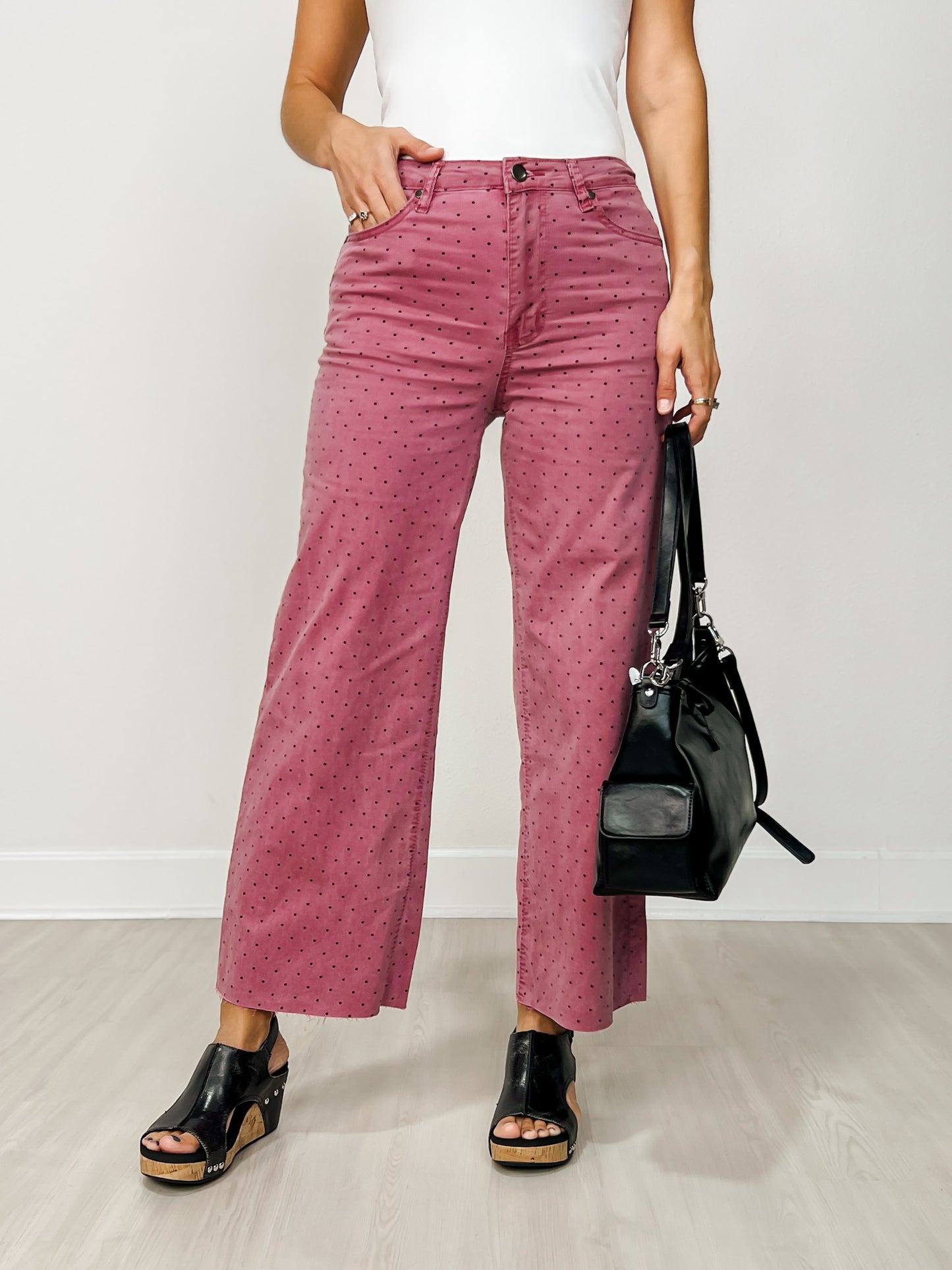 Polka Dot Washed Twill Stretch Cropped Pants in Mulberry