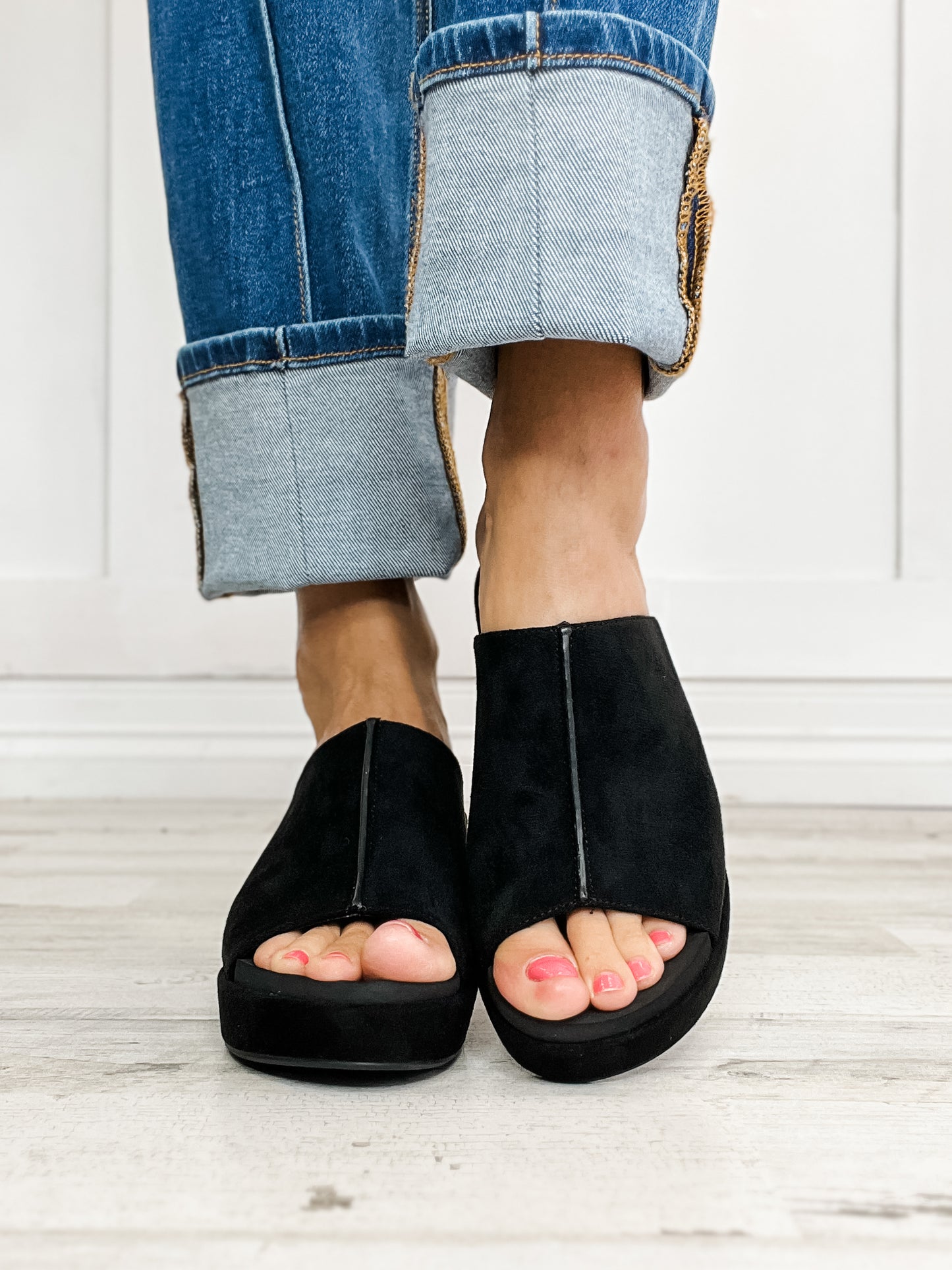 Corkys Here For It Open Toe Wedges in Black Faux Suede