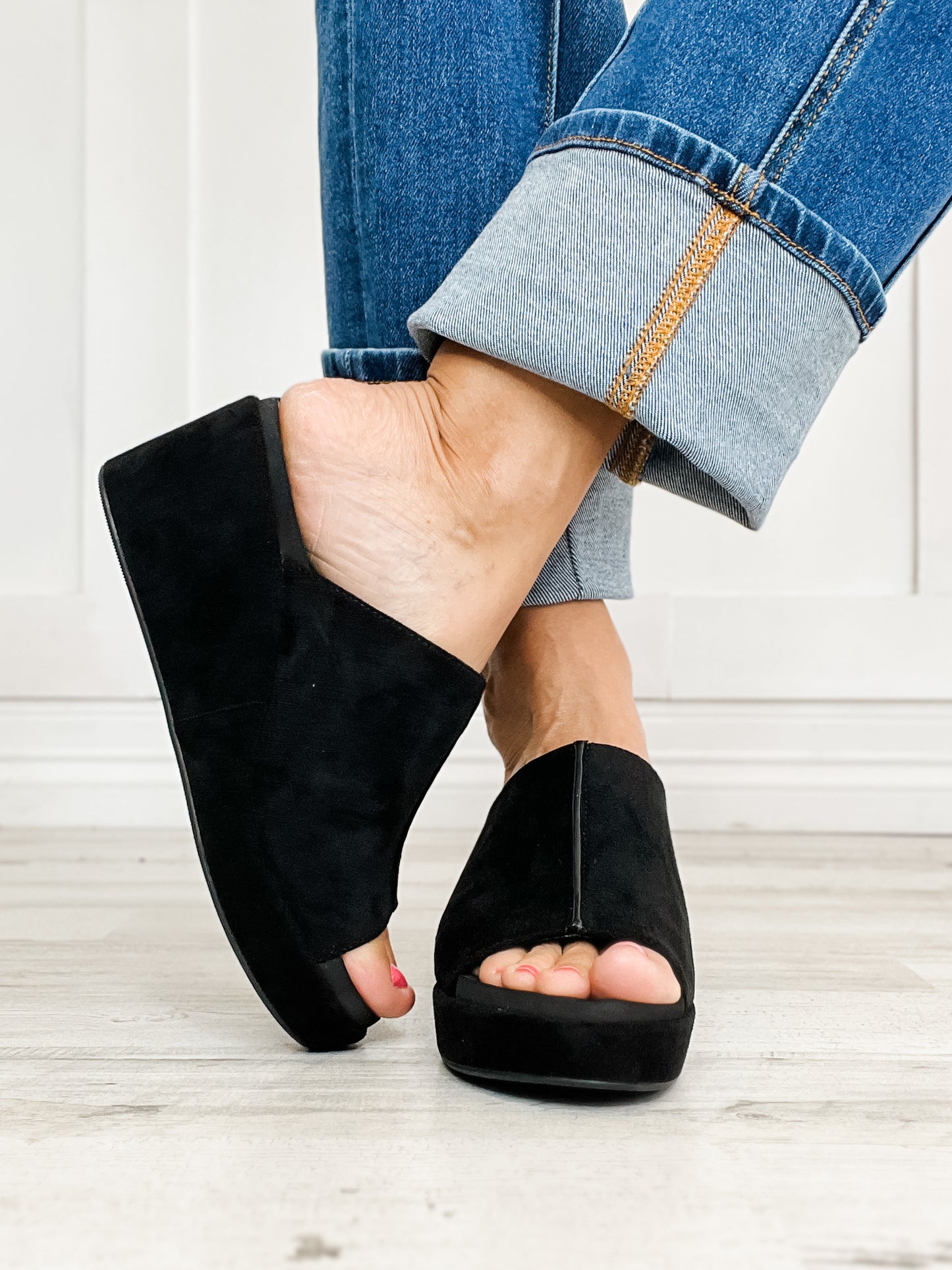 Corkys Here For It Open Toe Wedges in Black Faux Suede