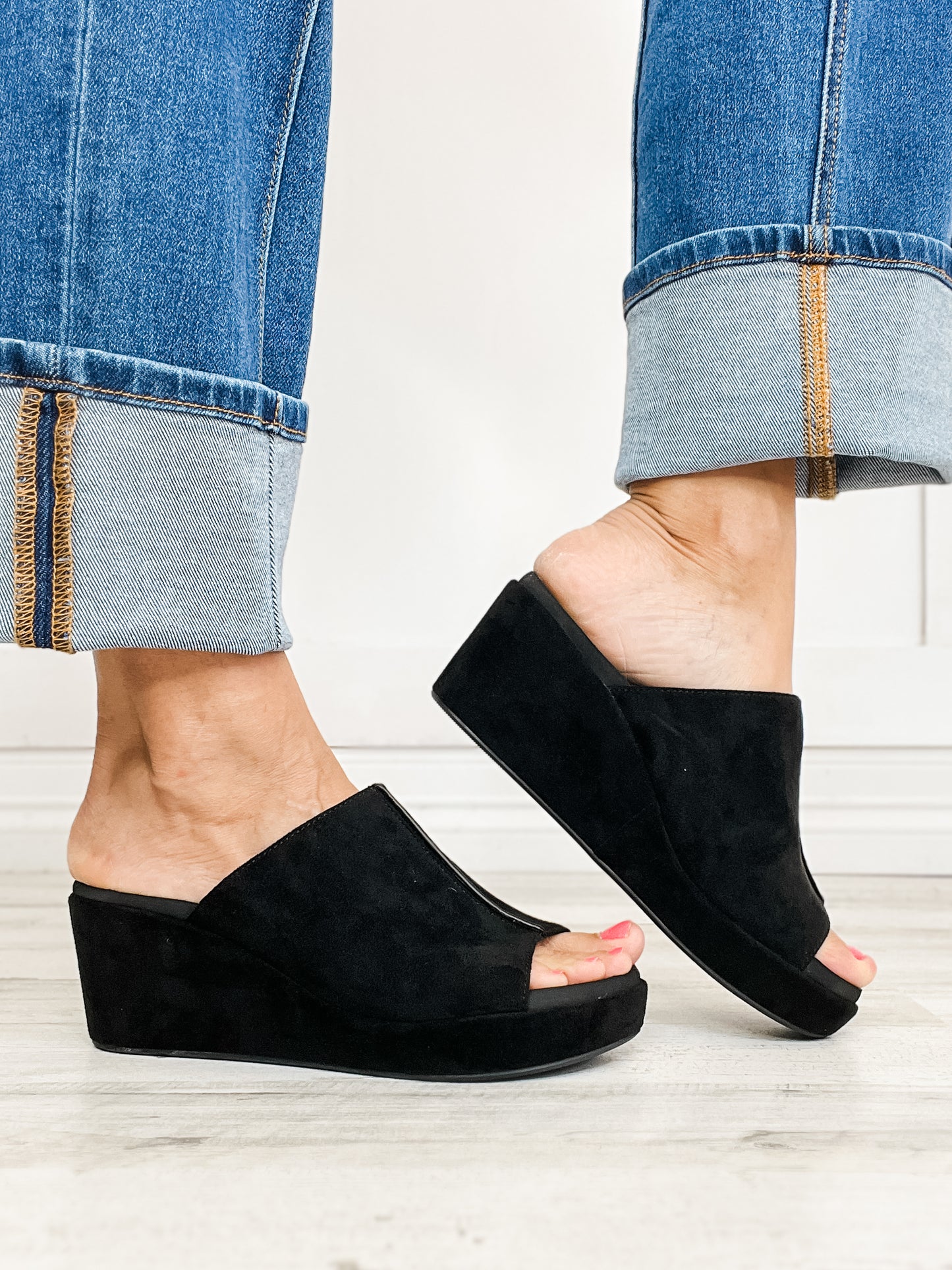 Corkys Here For It Open Toe Wedges in Black Faux Suede