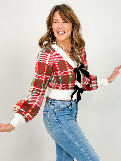 Velvet Bow Ribbon Embellished Christmas Cardigan