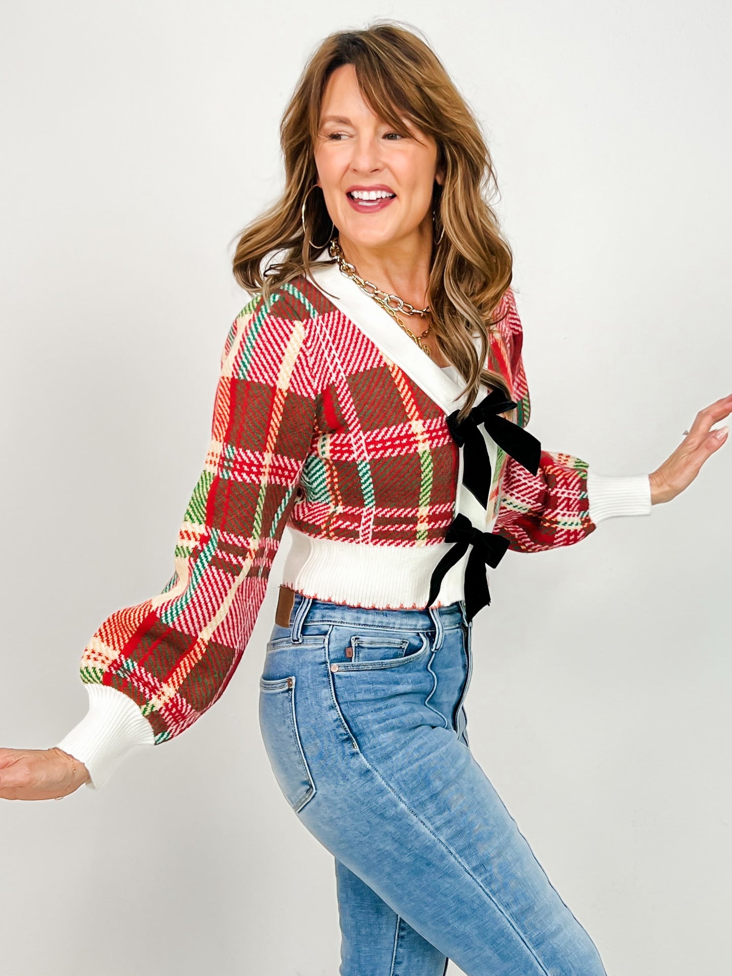 Velvet Bow Ribbon Embellished Christmas Cardigan