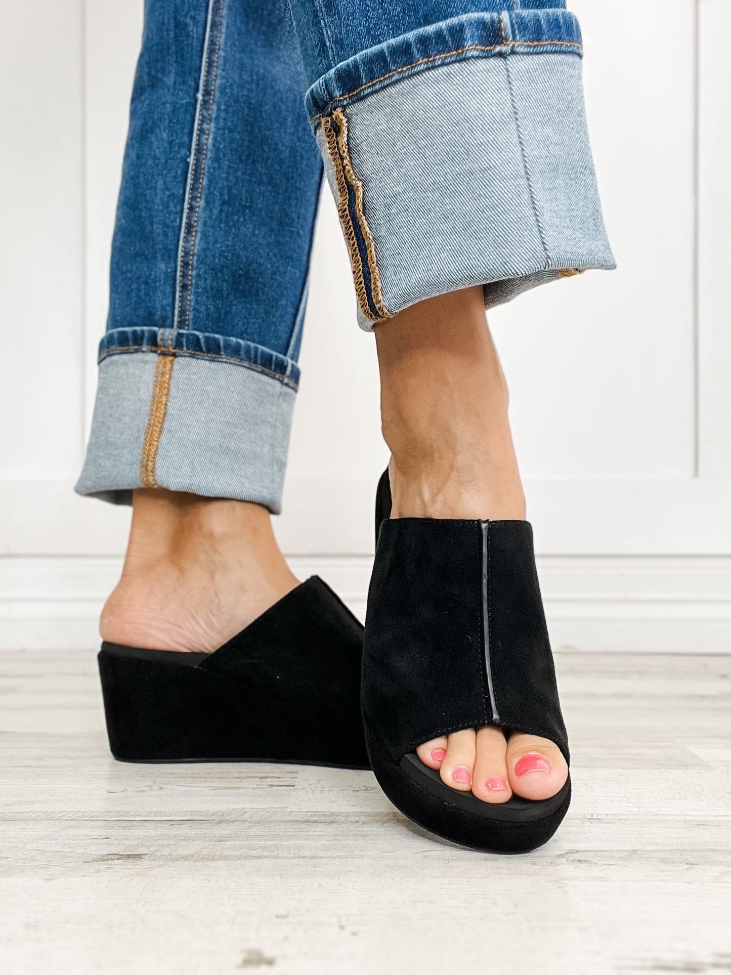 Corkys Here For It Open Toe Wedges in Black Faux Suede