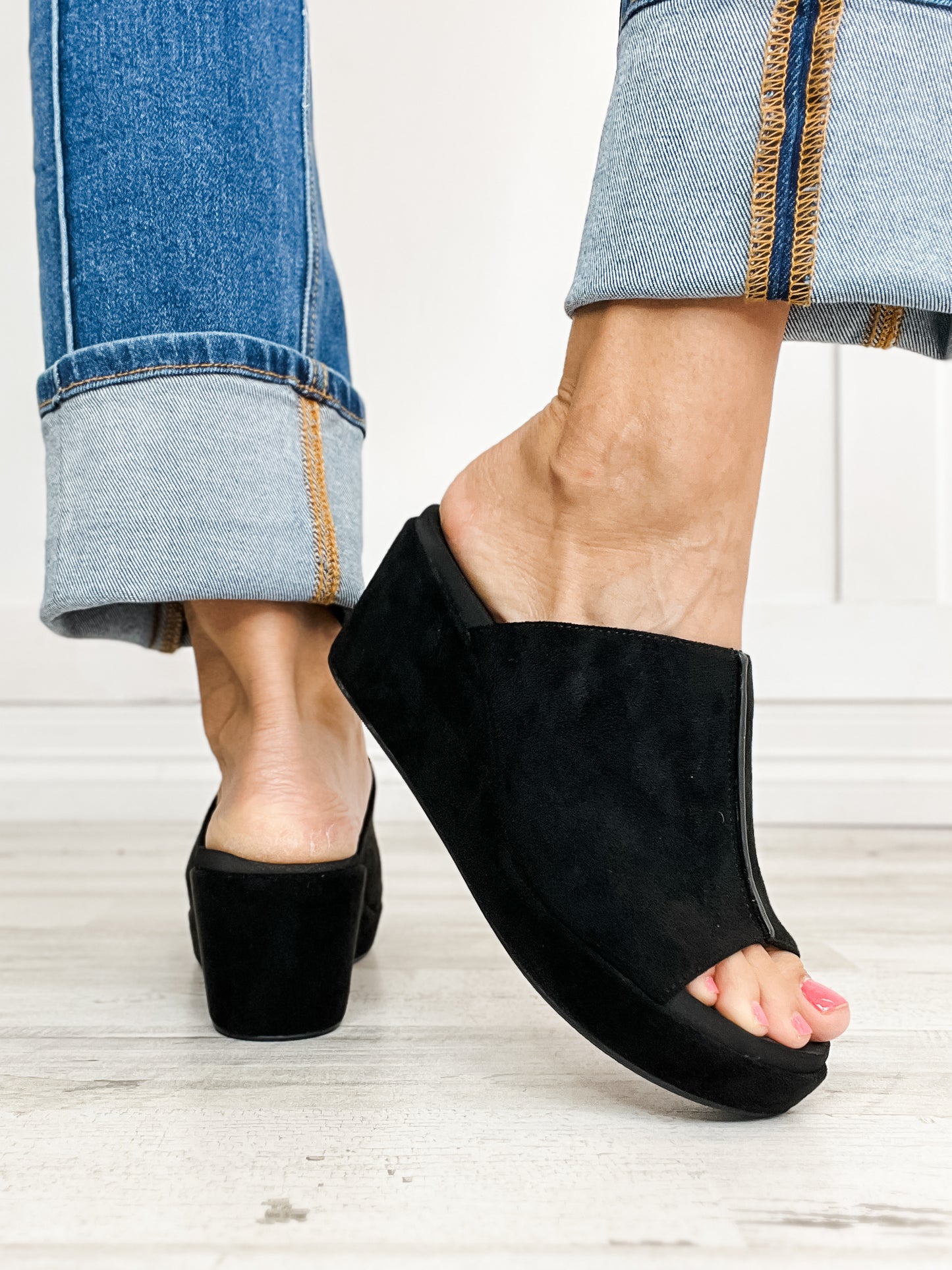 Corkys Here For It Open Toe Wedges in Black Faux Suede