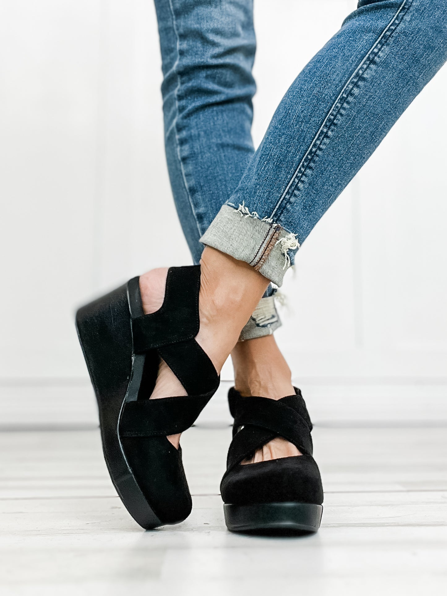 Corkys Case Closed Closed Toe Wedges in Black Faux Suede