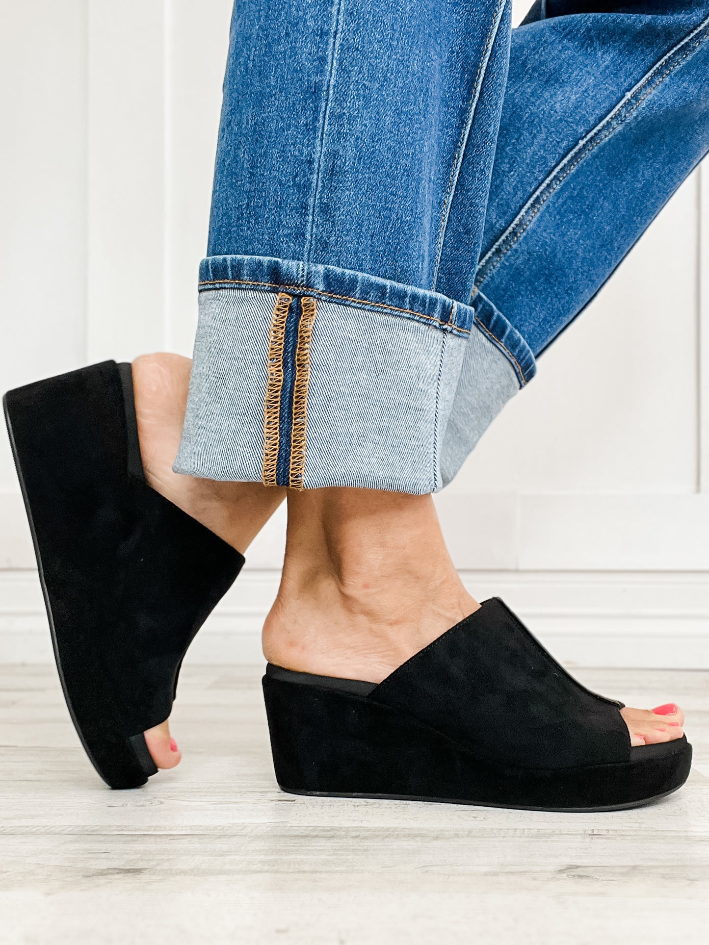 Corkys Here For It Open Toe Wedges in Black Faux Suede