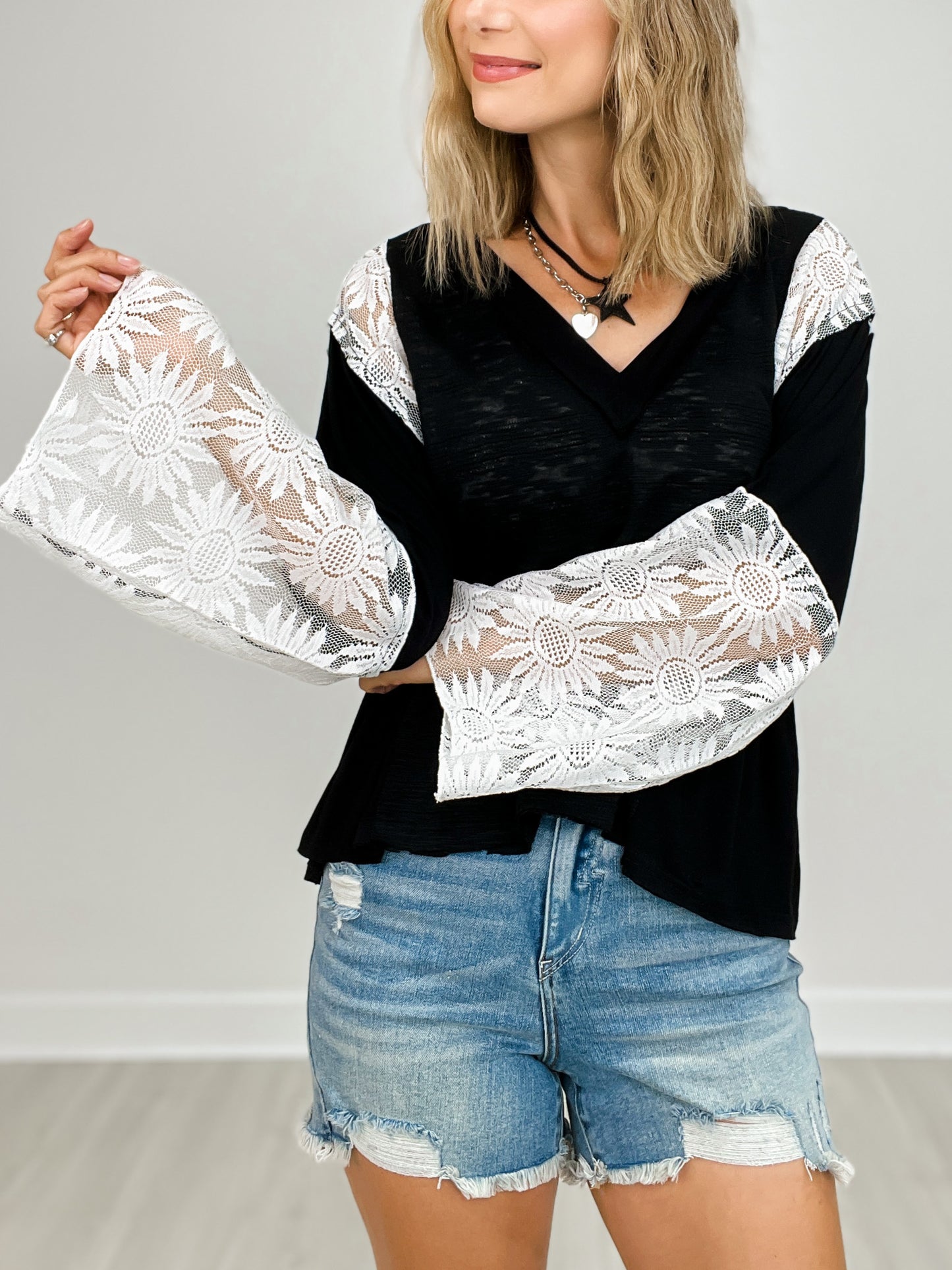 Flare Sleeve V-Neck Slub Top with Lace Detail