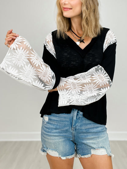 Flare Sleeve V-Neck Slub Top with Lace Detail