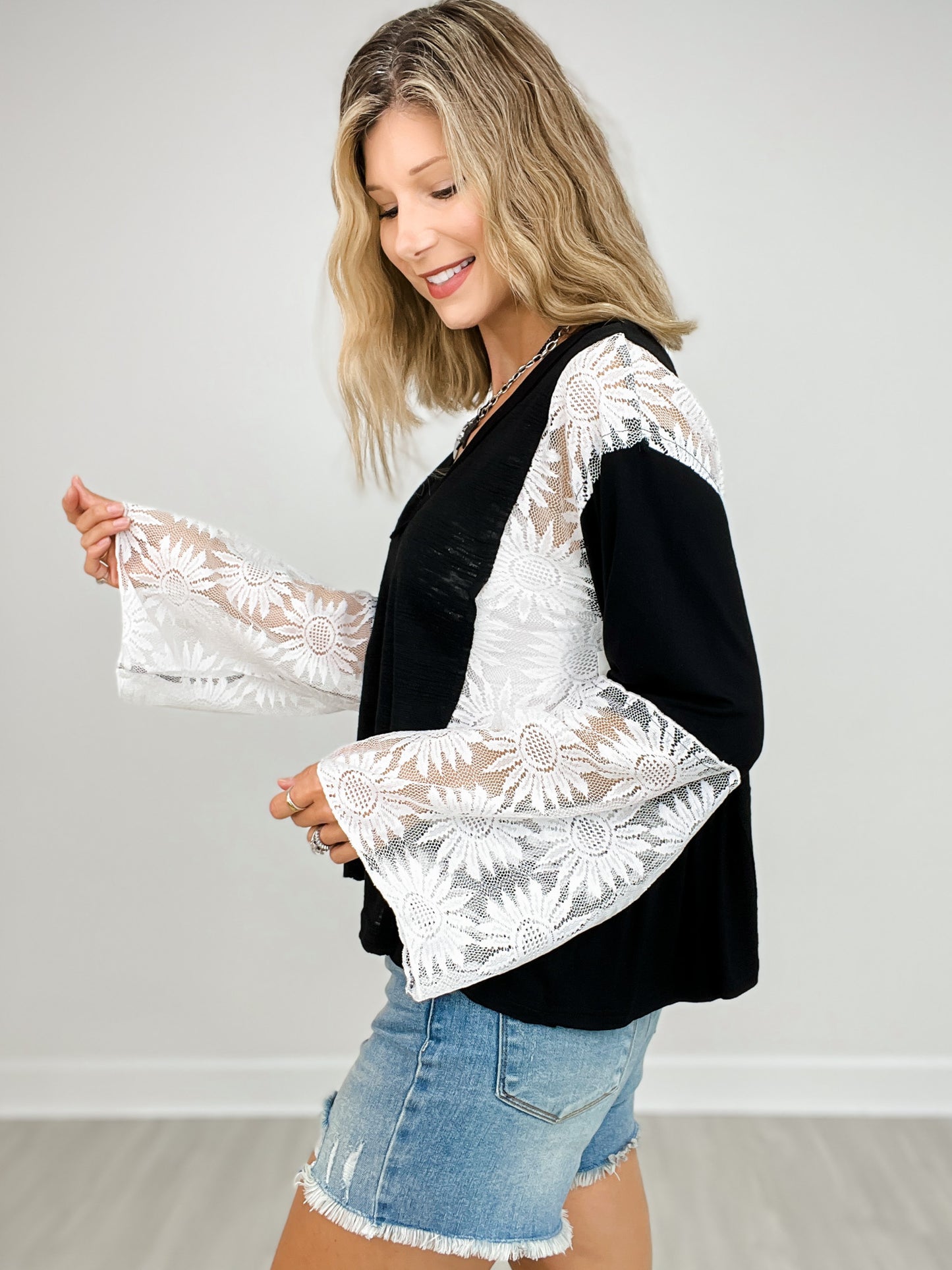 Flare Sleeve V-Neck Slub Top with Lace Detail