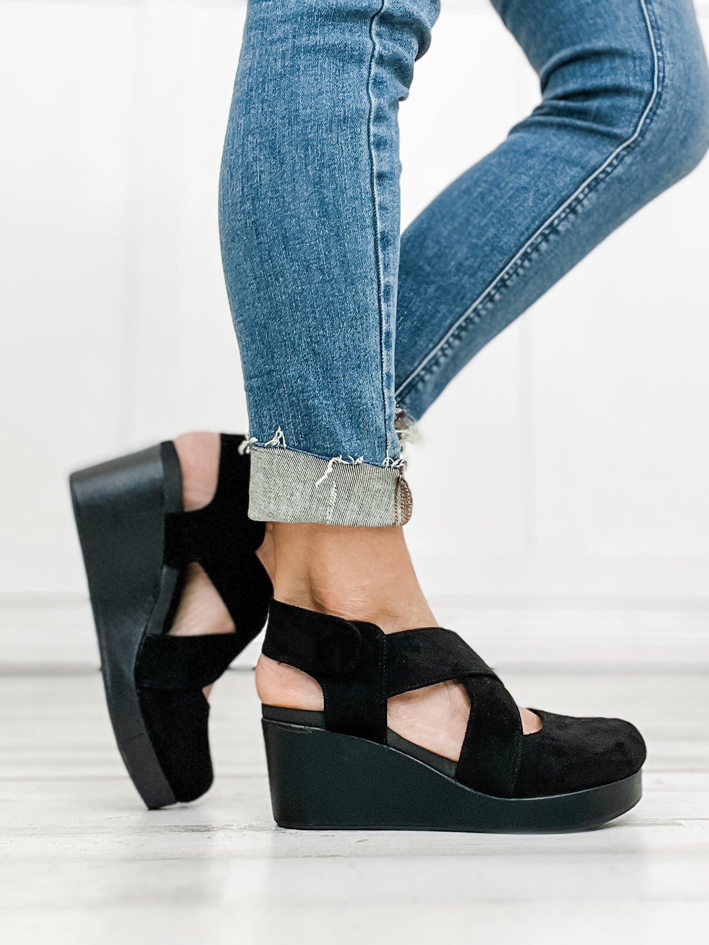 Corkys Case Closed Closed Toe Wedges in Black Faux Suede