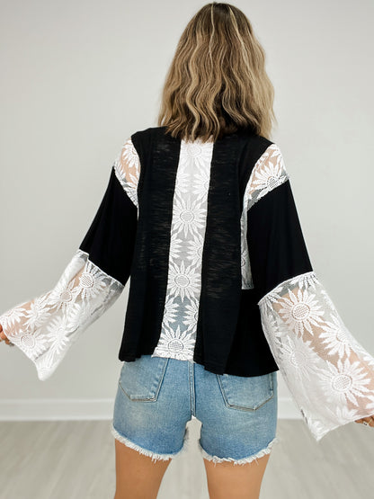 Flare Sleeve V-Neck Slub Top with Lace Detail