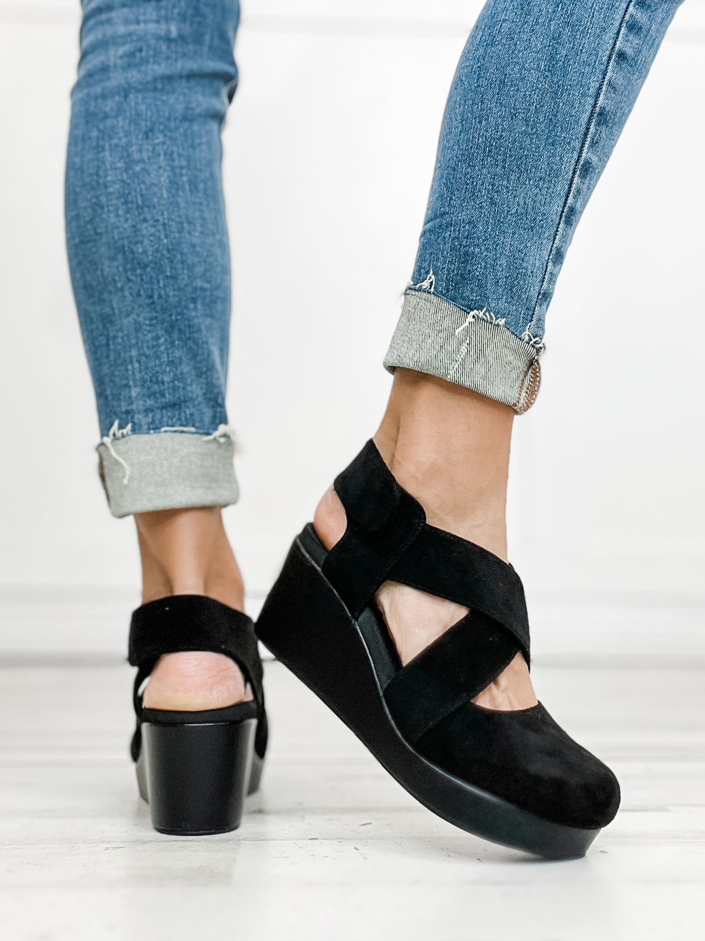 Corkys Case Closed Closed Toe Wedges in Black Faux Suede