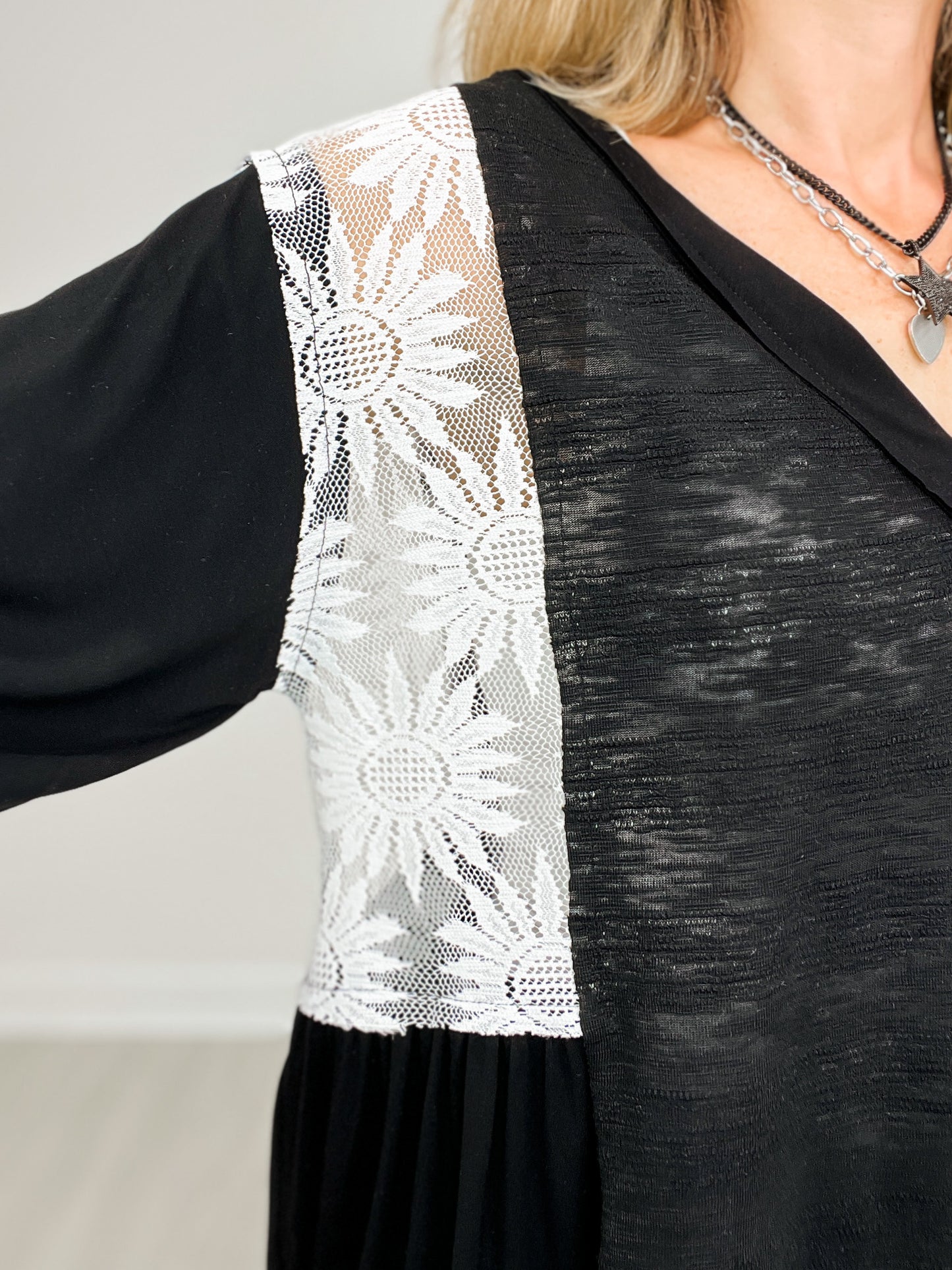 Flare Sleeve V-Neck Slub Top with Lace Detail