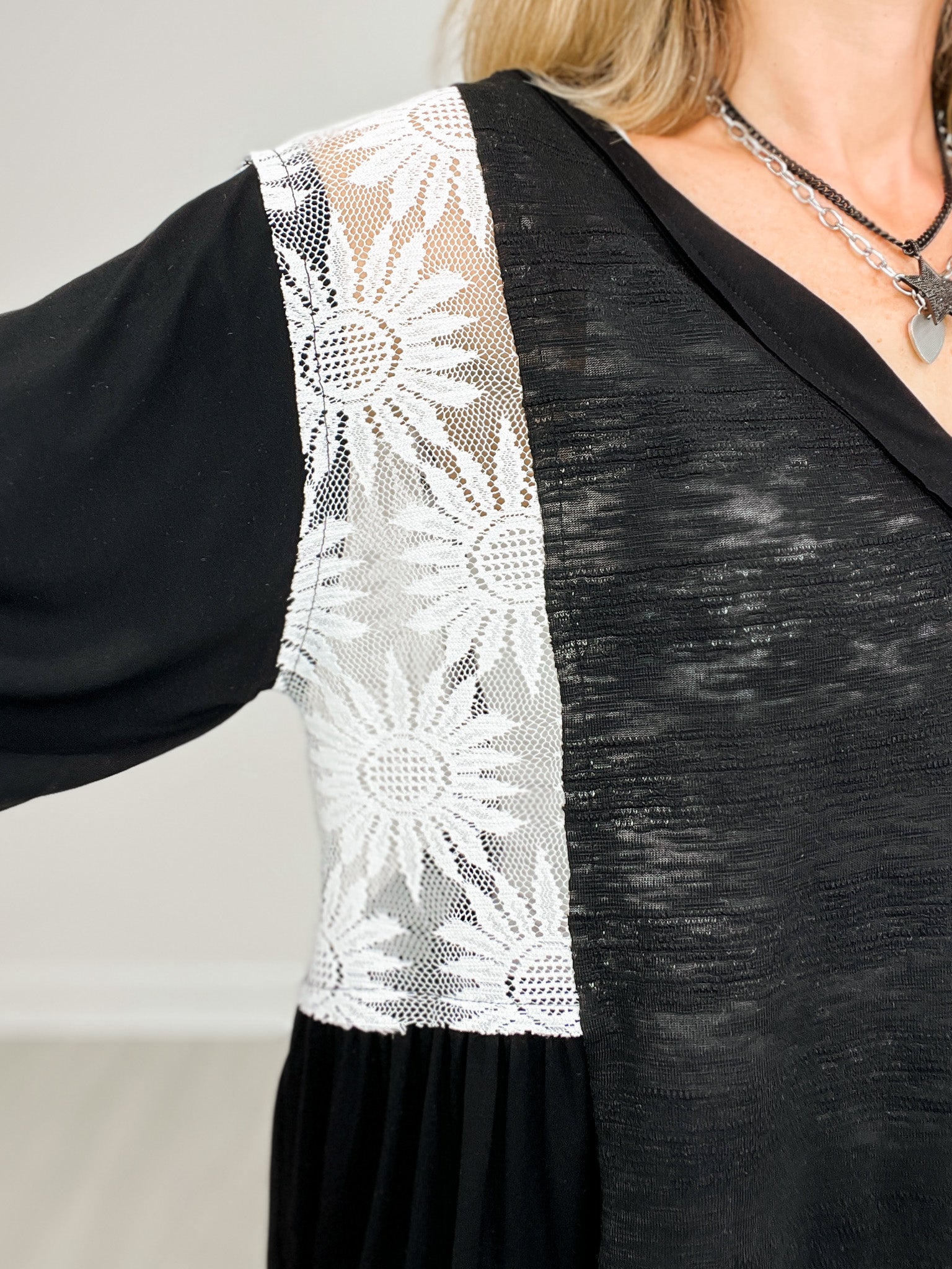 Flare Sleeve V-Neck Slub Top with Lace Detail