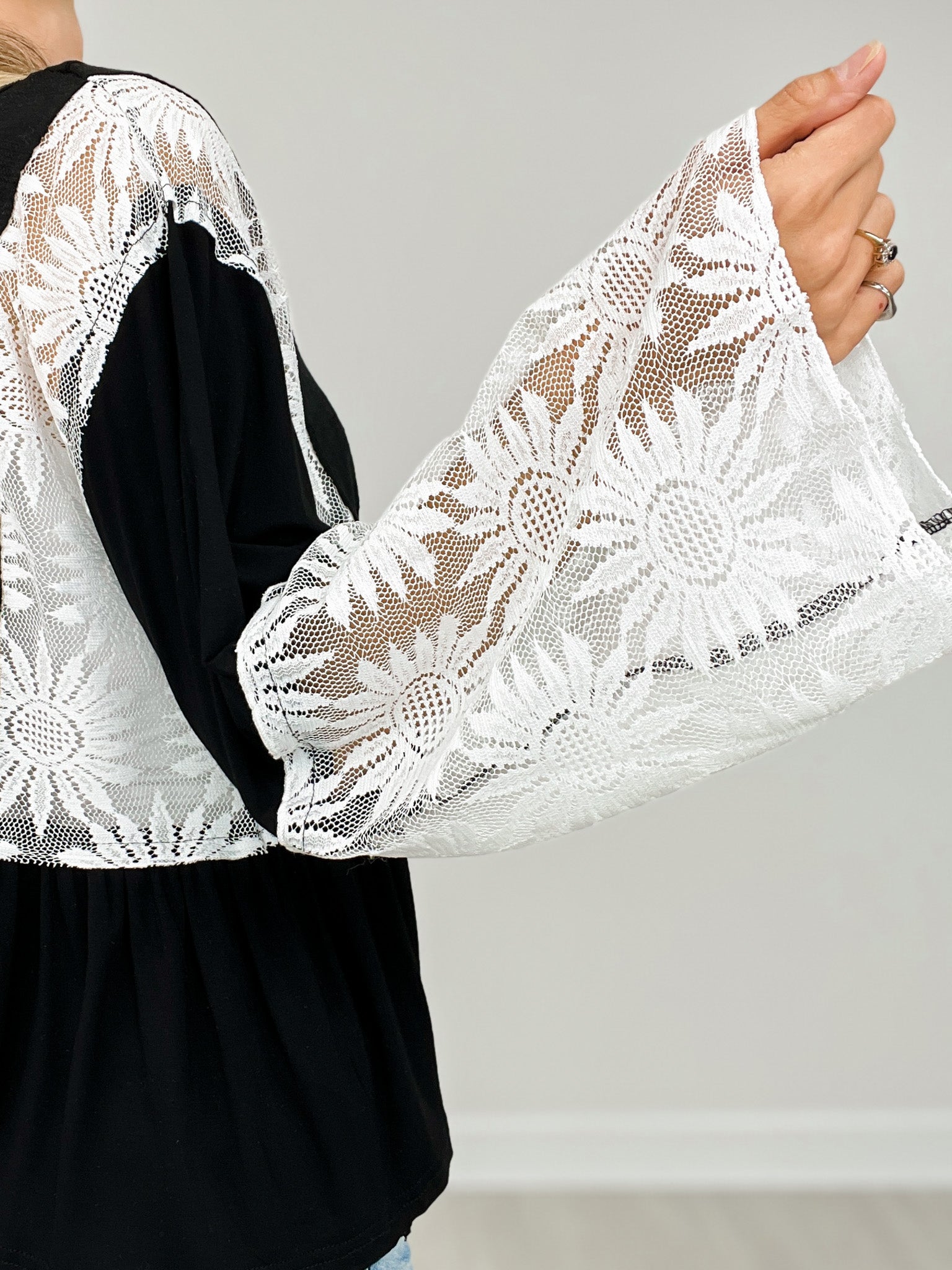 Flare Sleeve V-Neck Slub Top with Lace Detail