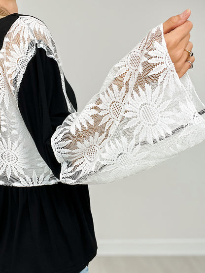 Flare Sleeve V-Neck Slub Top with Lace Detail