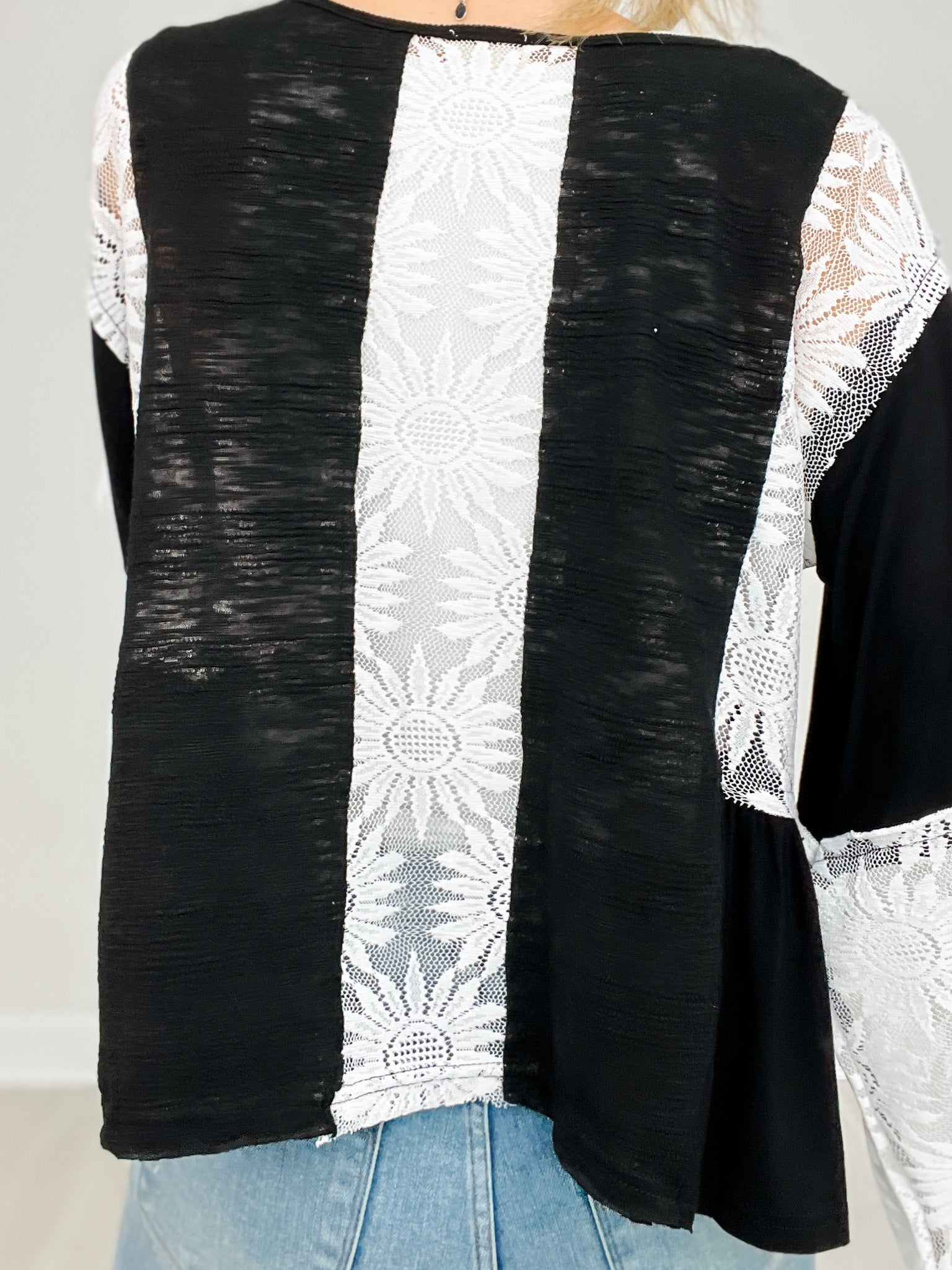 Flare Sleeve V-Neck Slub Top with Lace Detail